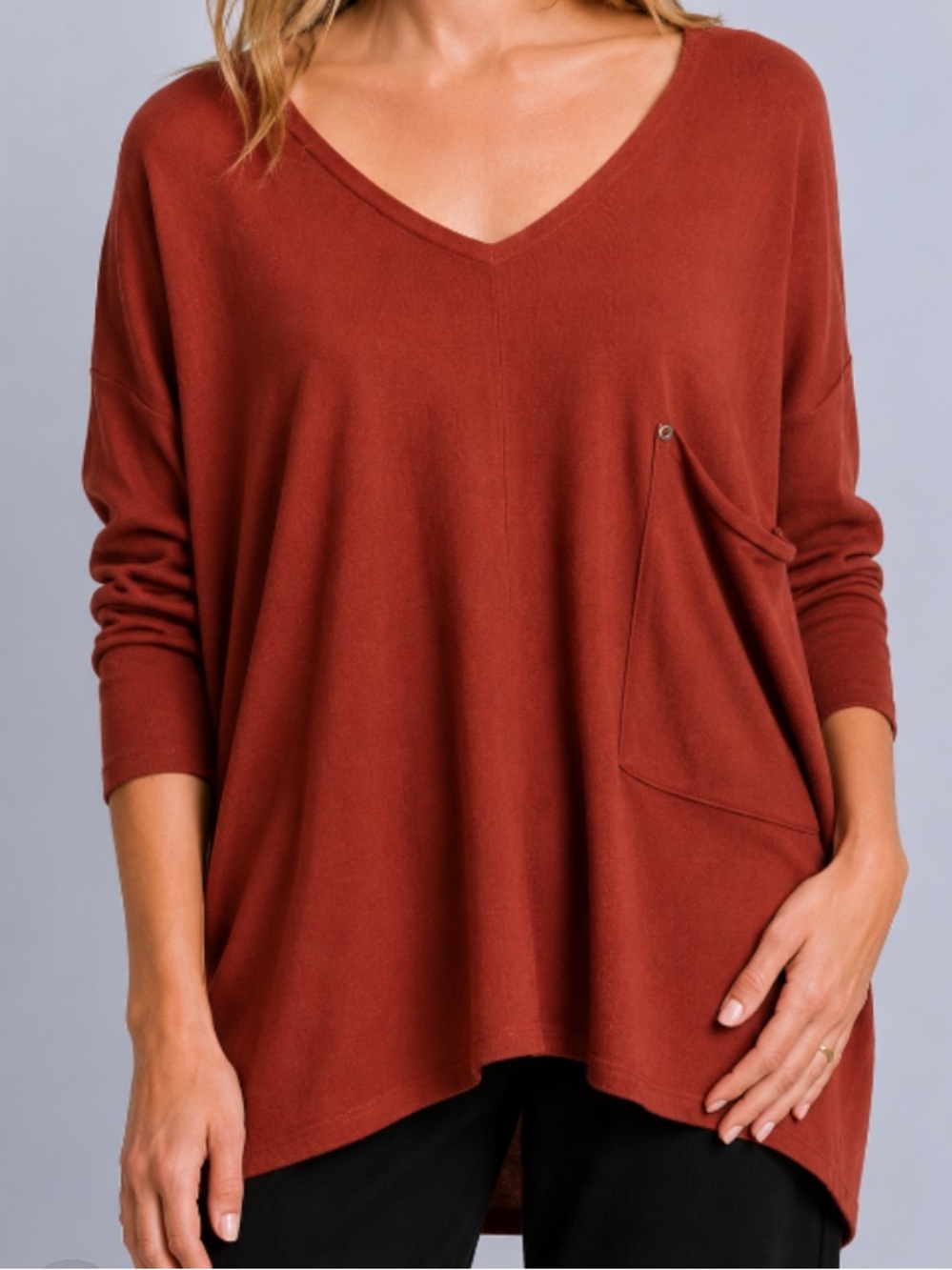 Kerisma V-Neck Brown/Rust Knit Sweater with Front Pocket